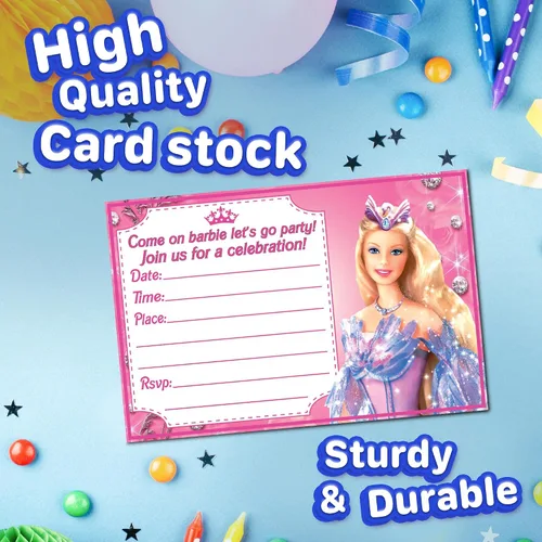 Vista 3 de Juego de 20 tarjetas y sobres de invitación de feliz cumpleaños con temática rosa de muñeca de moda, ligeros (8.47 oz), estilo postal invitaciones