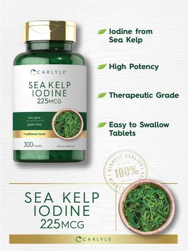 Vista 4 de Carlyle - Suplemento de yodo de alga marina 225 mcg 300 tabletas Sin GMO, sin gluten Suplemento de hierbas tradicionales