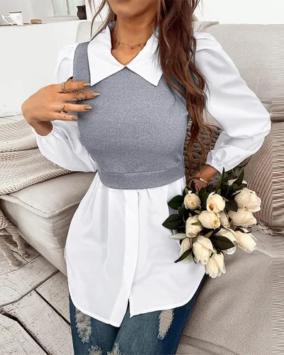 Vista 6 de YOXUA Camisa de manga larga con botones para mujer, cuello 2 en 1, estilo acanalado, péplum
