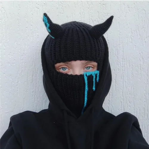 Vista 7 de Gorro de punto Y2k con cuerno de diablo y oreja de conejo largo, máscara de esquí, pasamontañas, accesorios para grunge
