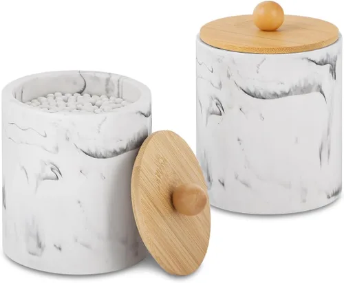 Vista 10 de Dispensador de soporte Qtip para baño con tapa, soporte para hisopos de algodón de tocador, recipiente de bola de algodón de resina, esponjas