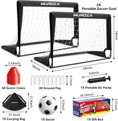Vista 2 de Portería de fútbol para niños, juego de 2 unidades de red de fútbol portátil de 2 x 1.5 pies con pelota, conos, equipo de entrenamiento completo