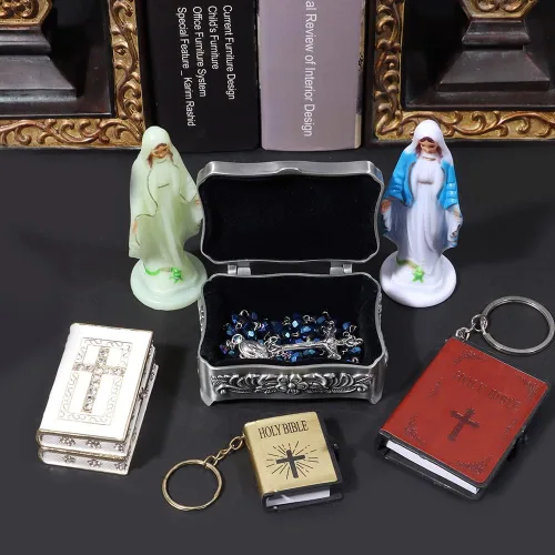 Vista 5 de Rosario católico para mujer con caja de rosario, collar de rosario de cuentas de cristal azul con caja de joyería vintage de la última cena, cuentas