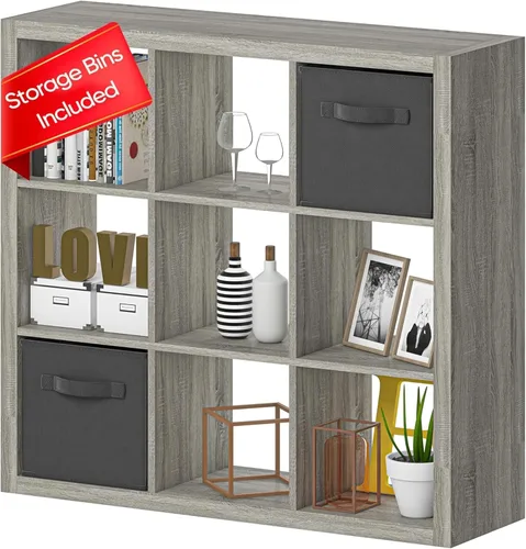 Vista 17 de Estantería con contenedor de almacenamiento, organizador de almacenamiento de 6 cubos, estantería abierta de madera moderna, estante de cubículos