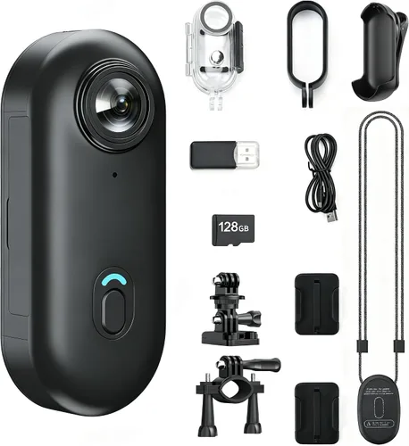 Vista 11 de JETO Mini cámara corporal 4K, cámara de acción POV con clip con cordón magnético, clip trasero giratorio, gran angular de 150°, funda impermeable
