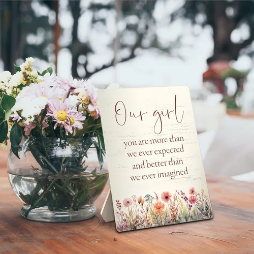 Vista 3 de Decoración de guardería para bebé, con texto en inglés "Our Girl You are More Than We Ever Expected", letrero de madera de 5 x 7 pulgadas, letreros