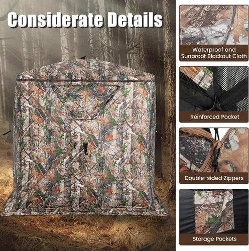 Vista 6 de GYMAX Persiana de caza, para 3 personas, con diseño de ciervo de camuflaje con deslizamiento silencioso, ventanas, bolsa de transporte, persiana