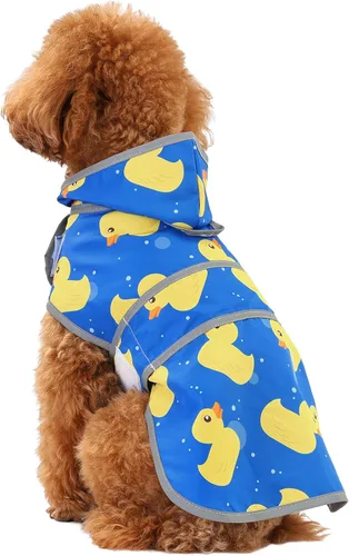 Vista 2 de Impermeable para perros pequeños y cachorros, chaqueta impermeable con capucha con tiras reflectantes, agujero para la correa y poncho de ajuste