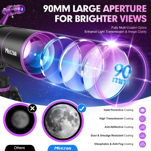 Vista 2 de MEEZAA Telescopio, Telescopio para Adultos de Alta Potencia, Apertura de 90mm 550mm Telescopios Refractores Profesionales Portátiles para Niños