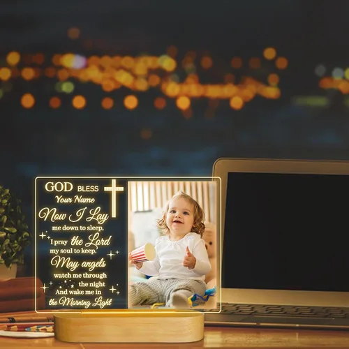 Vista 7 de Attivolife Marco de fotos personalizado de bautismo, marco de fotos iluminado con luz nocturna personalizada para bebé, regalos cristianos