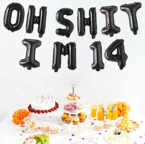 Vista 5 de Globos de látex de 16 pulgadas con texto en inglés "Oh I'm 14" Black Hallo Fourteen Cheers to 14 Years Old Theme Decor for Man Woman Happy 14th