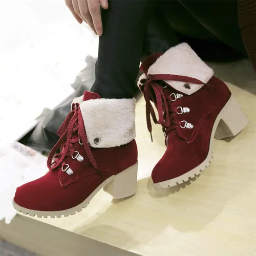 Vista 6 de Bellirala Botas de nieve cortas de invierno con cordones y tacón ancho para mujer