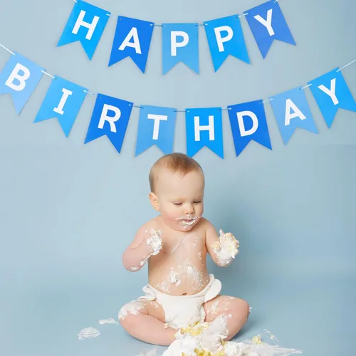 Vista 3 de Cartel azul de feliz cumpleaños, pancarta de feliz cumpleaños, guirnalda para baby shower, revelación de género, suministros de fiesta para niños