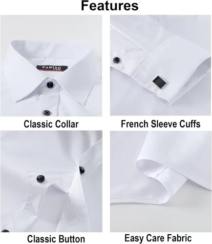 Vista 4 de FAHIZO Camisa de esmoquin blanca para hombre, puños franceses con gemelos y corbata