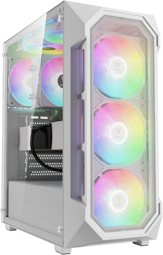 Vista 7 de GAMDIAS ATX Torre Media Gaming PC Case Vidrio Templado, Ventiladores ARGB Integrados de 120mm x 4, Malla de Flujo de Aire Frontal, Hasta 6