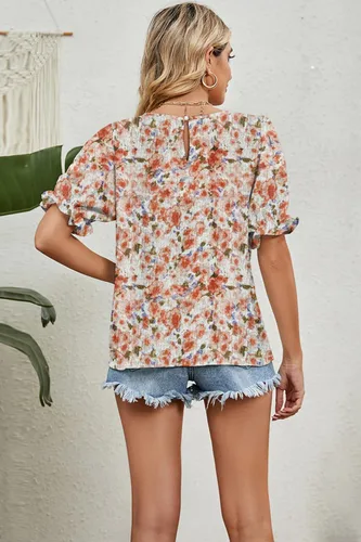 Vista 5 de Zeagoo Blusas para mujer, elegantes, informales, de primavera, con estampado floral, cuello redondo, manga corta abombada