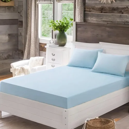Vista 7 de DaDa Bedding - Lujoso juego de sábanas bajeras de algodón suave, color azul pastel sereno con fundas de almohada a juego, diseño de bolsillo