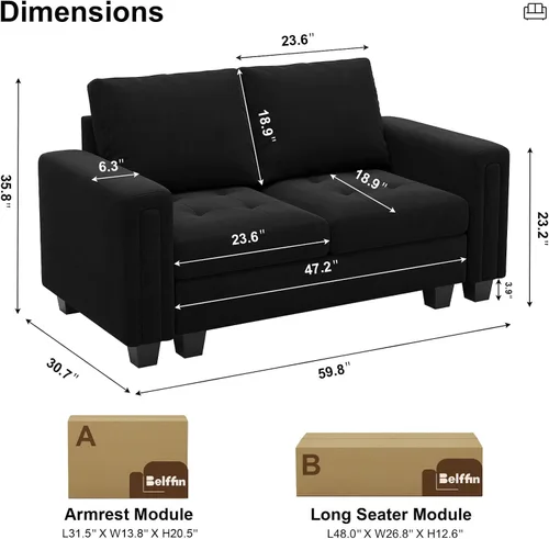Vista 2 de Belffin Sofá modular de terciopelo de 2 plazas, sofá de dos plazas, asientos de amor para espacio pequeño, color negro