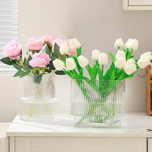 Vista 52 de Jarrones de vidrio acanalado, juego de 2 jarrones estriados para flores, florero de vidrio ámbar para tulipanes, jarrón moderno para sala de estar