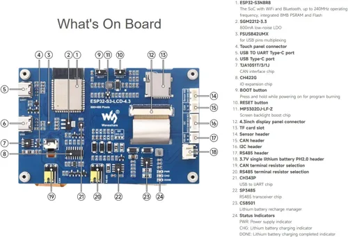 Vista 5 de waveshare Pantalla táctil capacitiva de 4.3 pulgadas basada en placa de desarrollo de microcontrolador ESP32-S3 con WiFi de 2.4 GHz y soporte BLE 5