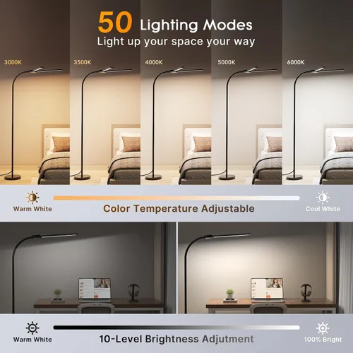 Vista 2 de Syrinx Lámpara de Pie LED, Lámparas de Pie de Doble Cabezal con Cuello de Ganso para Sala de Estar con Interruptor de Gestos y Control Remoto