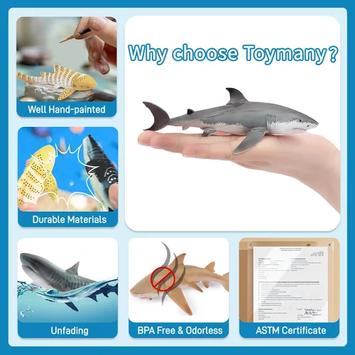Vista 5 de Toymany 10 figuras realistas de juguete de baño de tiburón de 5 a 6 pulgadas de largo, juego de figuras de plástico de animales marinos del océano