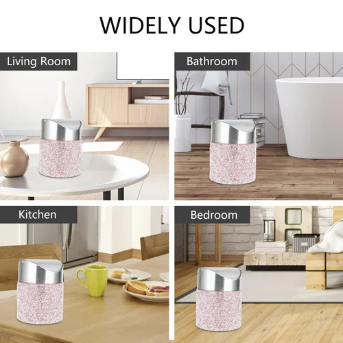 Vista 4 de KEYPOWER Mini basurero con diamantes de imitación con tapa abatible de acero inoxidable, adecuado para encimera, automóvil, mesa (rosa)