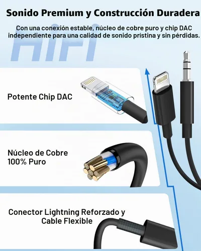 Vista 3 de Cable auxiliar para iPhone, [Certificado Apple MFi] Cable AUX Lightning a 3.5 mm para estéreo de coche, altavoz, auriculares, cable de audio