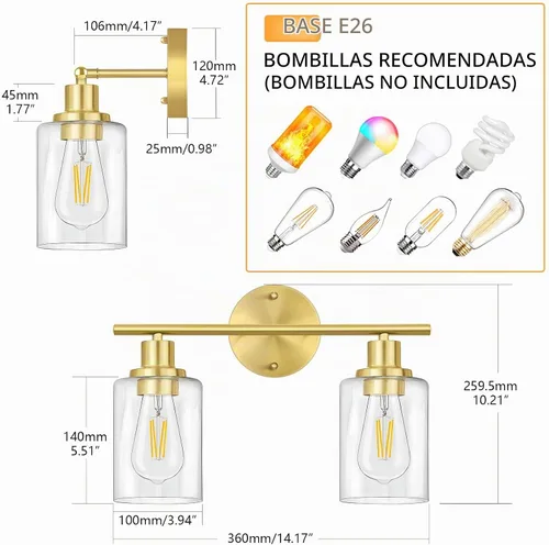 Vista 6 de FOLKSMATE Lámparas de baño, lámpara de tocador de latón cepillado de 2 luces, apliques de pared dorados, iluminación moderna de pared de baño