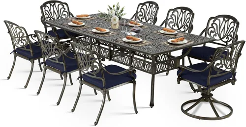 Vista 19 de VIVIJASON Juego de comedor al aire libre de 9 piezas, juego de mesa y sillas de patio de aluminio fundido para 8, incluye mesa rectangular de 94.5