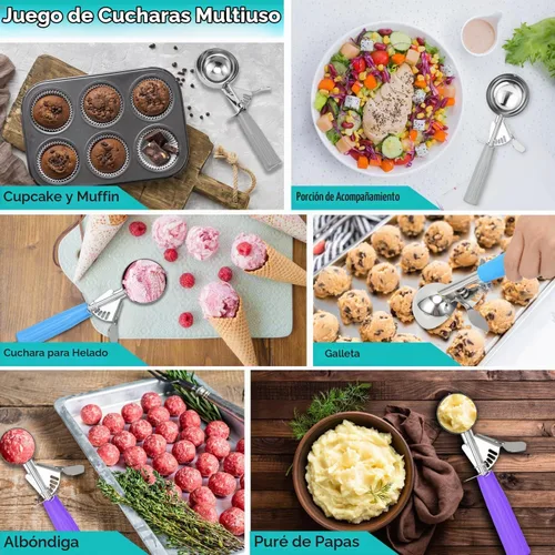Vista 7 de JUNADAEL J Cuchara de helado con gatillo, juego de cucharas para galletas, incluye cuchara de 1.2 onzas/2 onzas/4 onzas, control de porciones