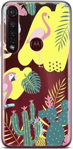 Vista 4 de Mertak Funda de teléfono compatible con Motorola Edge + Moto G9 G8 Plus G7 Play Power Z4 Slim Light Design Cover Tropical Abstract Girls Flamingo
