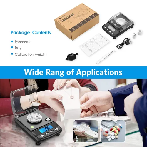 Vista 7 de AMIR Báscula digital de miligramo de 0.71 oz/0.00 oz, báscula electrónica de precisión con 6 unidades, USB y alimentada por batería, tara, pesas