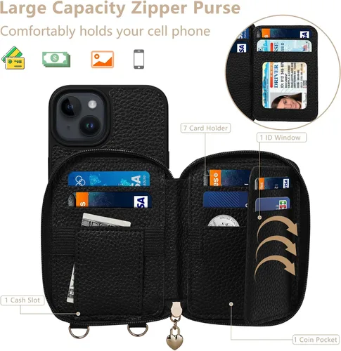 Vista 2 de Funda compatible con iPhone 15 de 6.1 pulgadas, cremallera cruzada con ranuras para tarjetas de bloqueo RFID, soporte, cordón y correa de mano
