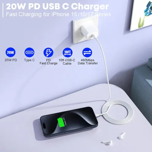 Vista 2 de Cargador rápido para iPhone 17/16/15, carga rápida extra larga de 10 pies, paquete de 3 bloques USB-C a USB C, cable de carga rápida para iPhone