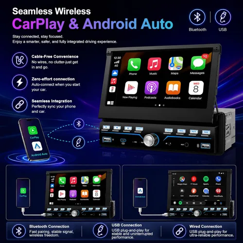 Vista 4 de Estéreo de Coche Individual DIN Apple Carplay y Android Auto 1 DIN 7 Pulgadas Pantalla Táctil Abatible Radio de Coche con Bluetooth y Micrófono