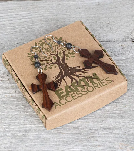 Vista 4 de Earth Accessories - Pendientes de cruz para mujer o hombre, pendientes de cruz con madera orgánica