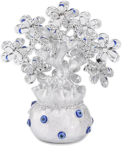 Vista 4 de BRABUD 7.5 '' resina azul malvado ojos estatua plata flores árbol de dinero buena suerte suerte fortuna estatuilla escritorio decoración regalo