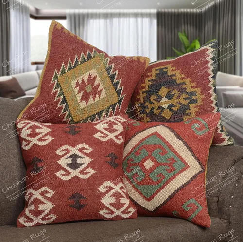 Vista 10 de Chouhan Rugs 4 piezas de fundas de cojín de yute Kilim tejidas a mano, cojines indios vintage 18x18, fundas boho (patrón 1)