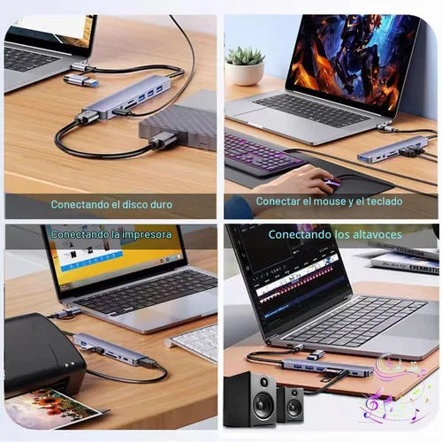 Vista 7 de Hub USB C Hub USB 3.0, extensor USB 8 en 1 de aluminio VIENON con lector de tarjetas SD/TF, conector auxiliar de auriculares de 3.5mm para MacBook