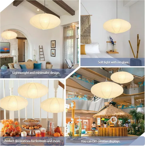 Vista 5 de Juego de 2 linternas de papel ovaladas blancas de 20 x 10 pulgadas, diseño plegable chino para sala de estar, dormitorio, pantalla de techo