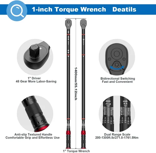 Vista 3 de SUERCUP Llave dinamométrica de clic de 1 pulgada, 200-1300 pies-Lb/271-1761.5Nm Heavy Duty, ±3% Accuracy Torque Wrench, Professional, Dual