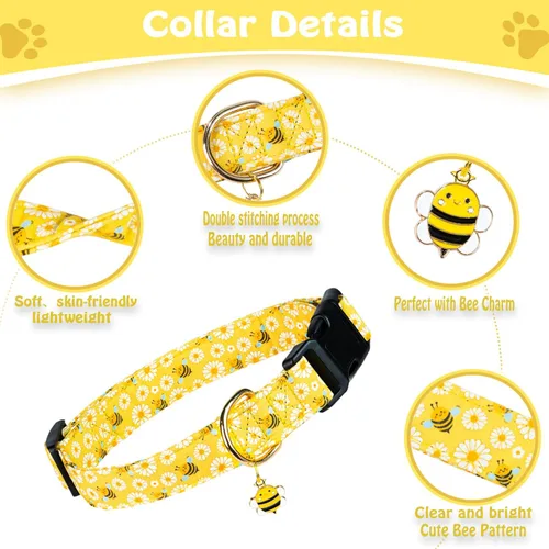 Vista 3 de PREHAI Collar de Algodón Lindo para Perros Pequeños, Medianos y Grandes, Diseño Especial Collar Amarillo Lindo de Abeja para Perros Chicos y Niñas
