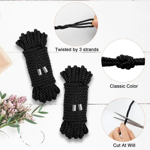 Vista 2 de Cuerda de Seda Suave, Cuerda de Cordón Trenzado Amigable con la Piel (Negro, 32 pies) Twisted Trim Rope, Nylon Twisted Cord, Braided Silk Ropes