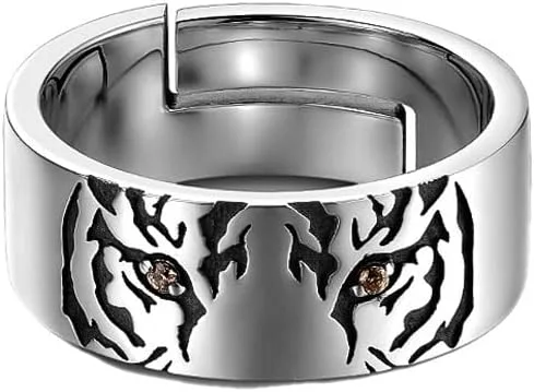 Vista 4 de Anillo de cabeza de tigre punk hip-hop para hombres y mujeres, vintage, ojo de gato, animal, anillo abierto, anillo de boda, pareja, joyería retro