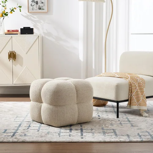 Vista 3 de ONEVOG Otomana moderna beige, puf otomana cuadrado divertido de 21 pulgadas, reposapiés tapizado de tela de lino, mesa de centro pequeña
