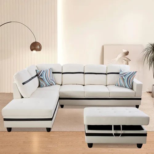 Vista 7 de Juego de sofá seccional de cuero para sala de estar, juego de 3 piezas con almacenamiento otomano negro para sala de estar/dormitorio/apartamento