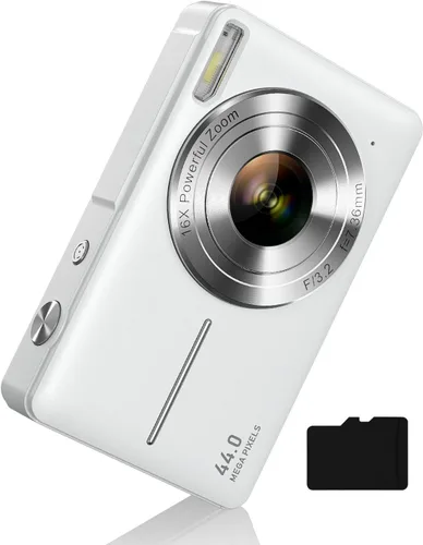 Vista 7 de Cámara digital, FHD 1080P Cámara digital de apuntar y disparar con zoom de 16X antivibración, tarjeta de 32 GB, cámara pequeña compacta para niños