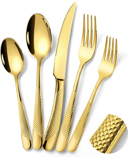 Vista 10 de Lemeya Juego de cubiertos martillados de oro rosa martillado de 20 piezas para 4 con cuchillos de forja dentados, juego de cubiertos moderno