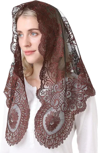 Vista 3 de Cabeza de encaje de mantilla triangular que cubre velos de iglesia católica de masa